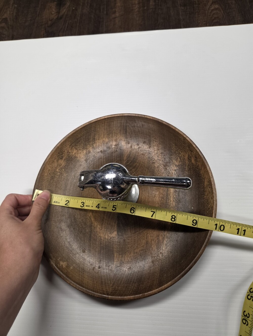Vintage Mid-Century Modern Wood Nut Bowl with Attached Metal Nutcracker - Picture 7 of 7